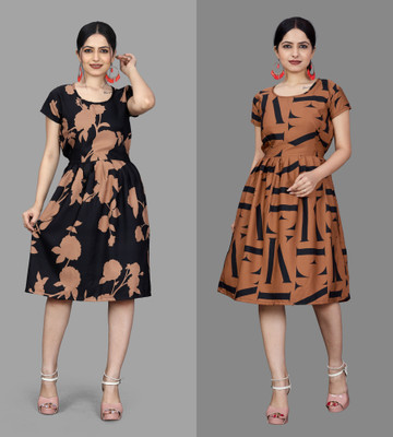 Madhave Women Fit and Flare Multicolor Knee Length Dress