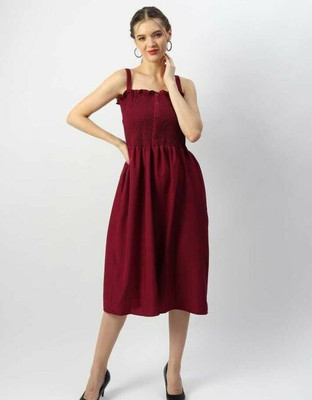 Evergreen trend Women A-line Maroon Midi/Calf Length Dress