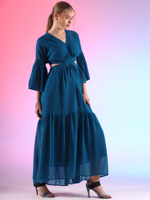 Honky Tonky Women Fit and Flare Blue Maxi/Full Length Dress