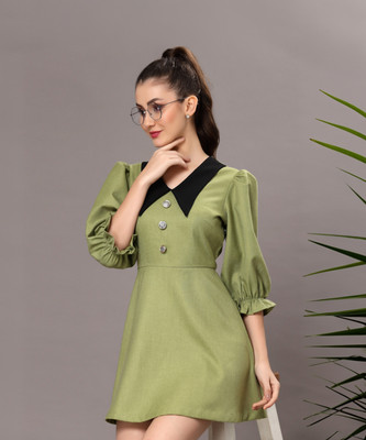 KASSUALLY Women A-line Green Above Knee/Mid Thigh Length Dress