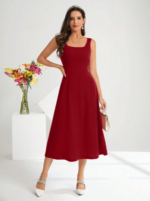 TIVANTE Women Fit and Flare Maroon Midi/Calf Length Dress