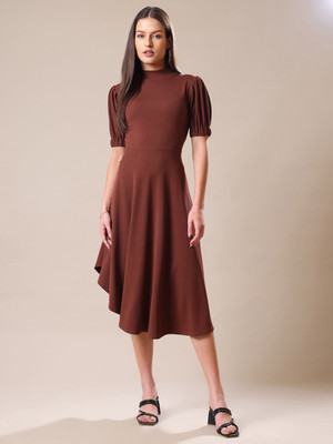 PURVAJA Women Asymmetric Brown Below Knee Dress