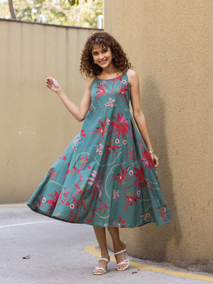 Aravalii ecommerce Women Fit and Flare Green Knee Length Dress