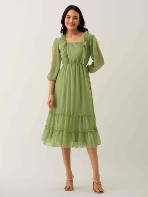 AASK Women Fit and Flare Green Dress