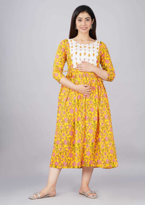 ARKAVYA Women Fit and Flare Yellow Midi/Calf Length Dress