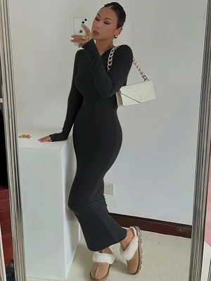 QUINTESSENTIALS Women Bodycon Black Maxi/Full Length Dress