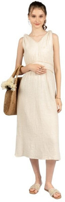 CoryEdge Women Fit and Flare Beige Midi/Calf Length Dress