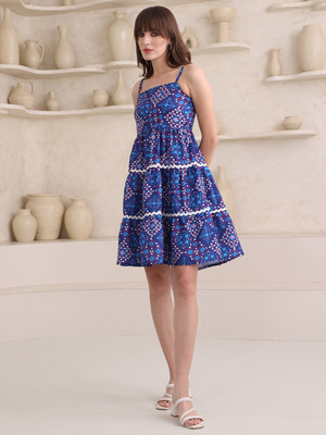 PURVAJA Women Fit and Flare Blue Mini/Short Dress