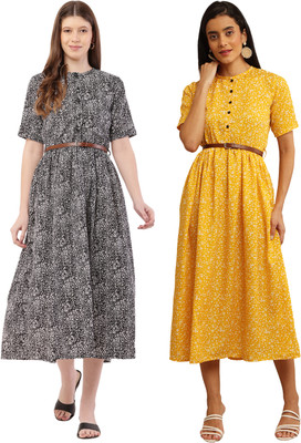 Miranga Women Fit and Flare Maroon, Light Blue Midi/Calf Length Dress