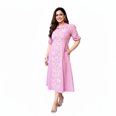 Vanarasa Women Gathered Pink Maxi/Full Length Dress