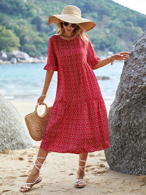 OOTD by Kotty Women Fit and Flare Red, White Midi/Calf Length Dress