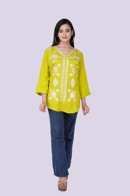 Mimoo Fashionz Casual Embroidered Women Yellow Top