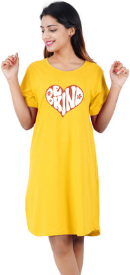 BEFLI Women T Shirt Yellow Above Knee/Mid Thigh Length Dress