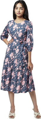 YU by Pantaloons Women Fit and Flare Dark Blue Knee Length Dress