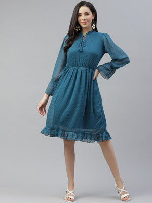 PLUSS Women A-line Blue Knee Length Dress