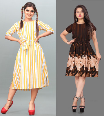 Hiral Creation Women Fit and Flare Brown Below Knee Dress