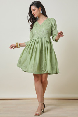 soch Women Gathered Green Above Knee/Mid Thigh Length Dress