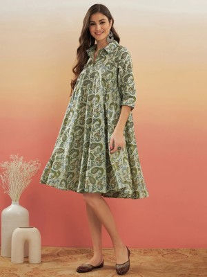 Jollity Women Printed Flared Kurta(Green)