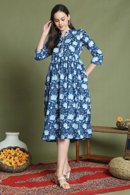 Rajnandini Women A-line Blue Midi/Calf Length Dress