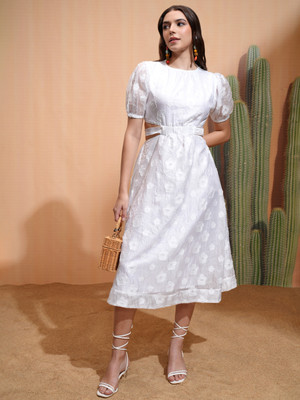 Tokyo Talkies Women Fit and Flare White Midi/Calf Length Dress