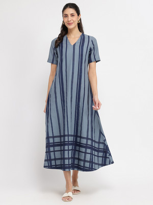 Pink Fort Women A-line Blue Midi/Calf Length Dress