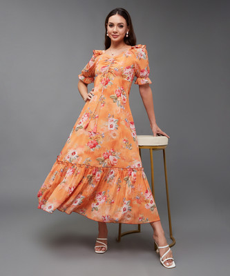 Miss Chase Women A-line Orange Ankle Length Dress