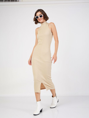 SASSAFRAS Women Bodycon Beige Midi/Calf Length Dress
