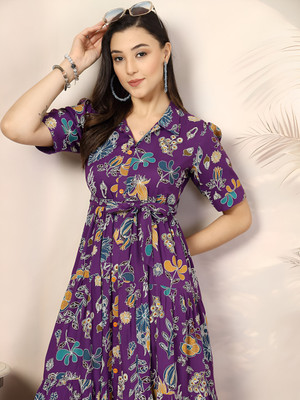 OTABU Women Fit and Flare Multicolor Midi/Calf Length Dress