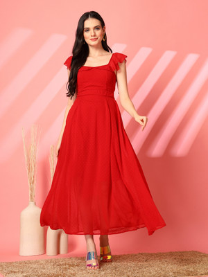 AAYU Women Fit and Flare Red Maxi/Full Length Dress