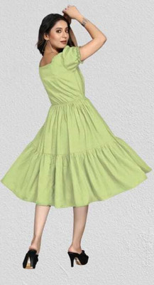 HouseOfCommon Women Fit and Flare Light Green Knee Length Dress