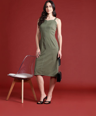 all about you Women A-line Green Midi/Calf Length Dress