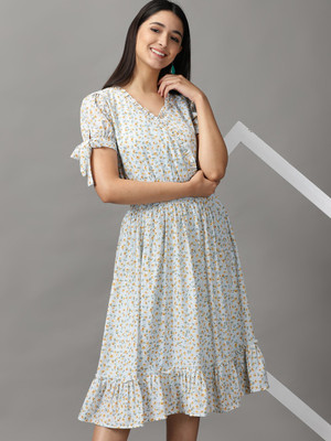 SHOWOFFFF Women Fit and Flare Blue, White, Brown Knee Length Dress