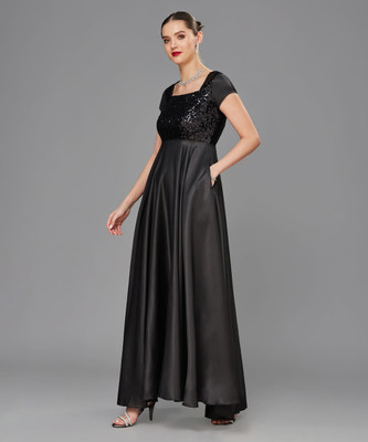 Miss Chase Women Fit and Flare Black Maxi/Full Length Dress