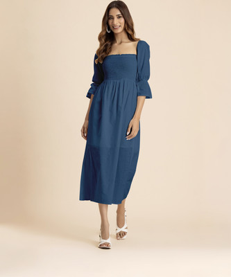 moomaya Women Fit and Flare Blue Midi/Calf Length Dress