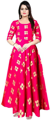 Gorangani Women Fit and Flare Pink Maxi/Full Length Dress