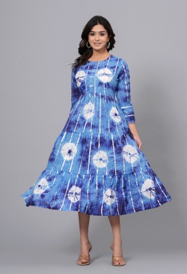 Sarai Creations Women Fit and Flare Dark Blue, Light Blue, White Dress