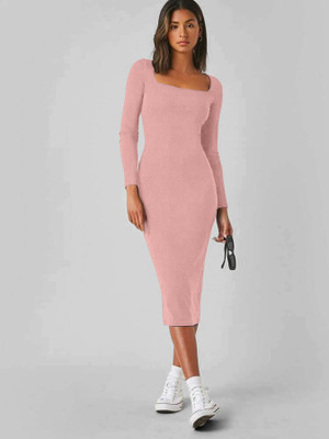 Babisa Women Bodycon Pink Midi/Calf Length Dress
