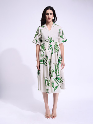 PURVAJA Women Fit and Flare White Midi/Calf Length Dress