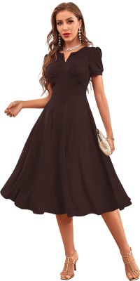 TESSAVEGAS Women Fit and Flare Brown Dress