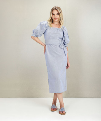 U.S. POLO ASSN. Women Sheath Blue, White Midi/Calf Length Dress