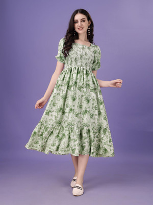 Moda Rapido Women Fit and Flare Green Knee Length Dress