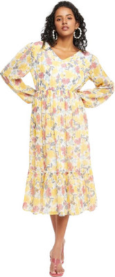 HouseOfCommon Women Fit and Flare Multicolor Midi/Calf Length Dress