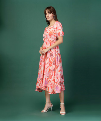 Oomph! Women Fit and Flare Orange Midi/Calf Length Dress