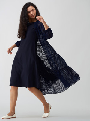 AASK Women Fit and Flare Dark Blue Midi/Calf Length Dress