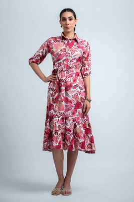 Dressberry Women Fit and Flare Pink, White Below Knee Dress