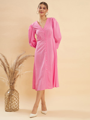 KASSUALLY Women A-line Pink, White Midi/Calf Length Dress