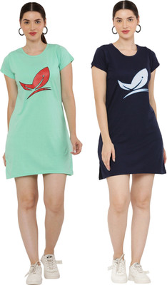 PREE GOO Women Ethnic Dress Dark Blue, Light Green Above Knee/Mid Thigh Length Dress