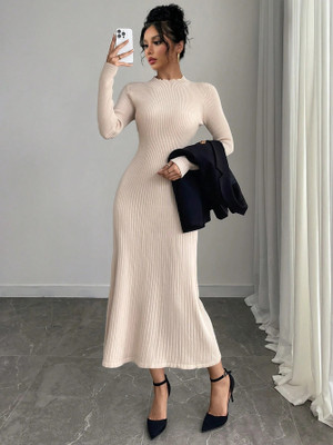 Traquila Women Bodycon Beige Midi/Calf Length Dress