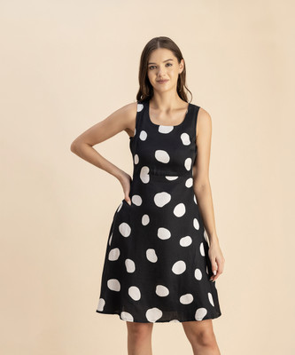 moomaya Women Fit and Flare Black, White Above Knee/Mid Thigh Length Dress
