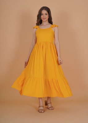 INDIANIC Women A-line Yellow Midi/Calf Length Dress